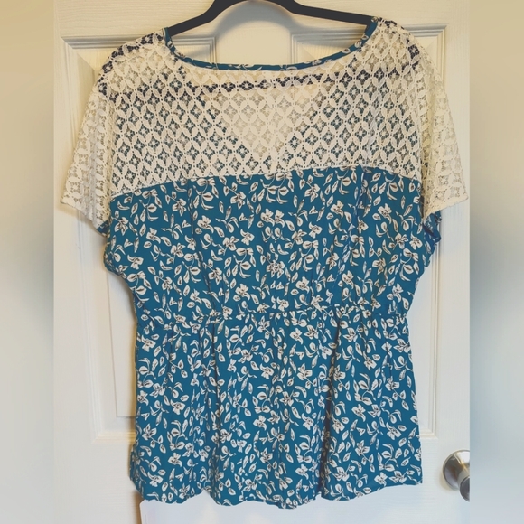 BloomChic Ditsy Floral Ruffles Raglan Sleeve Contrast Lace Blouse-Teal Sz 14-16 - Picture 3 of 5
